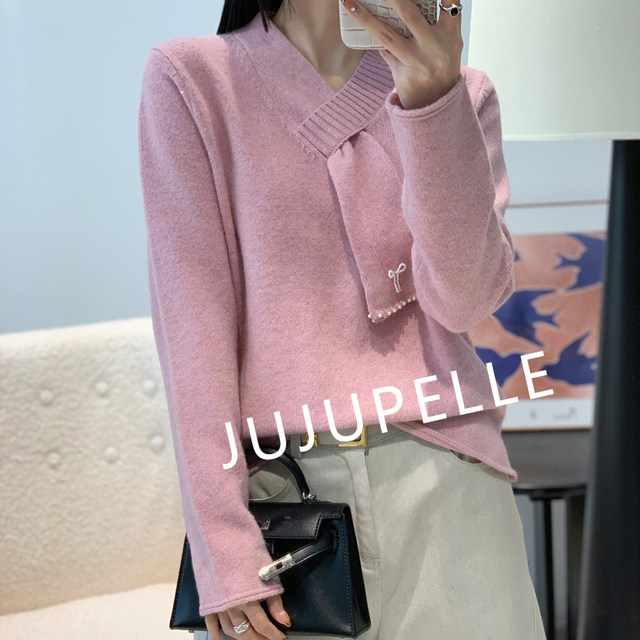 Honey bear velvet + sheep wool! Bow neck scarf with soft and waxy design V-neck autumn and winter women's loose knitted sweater pullover