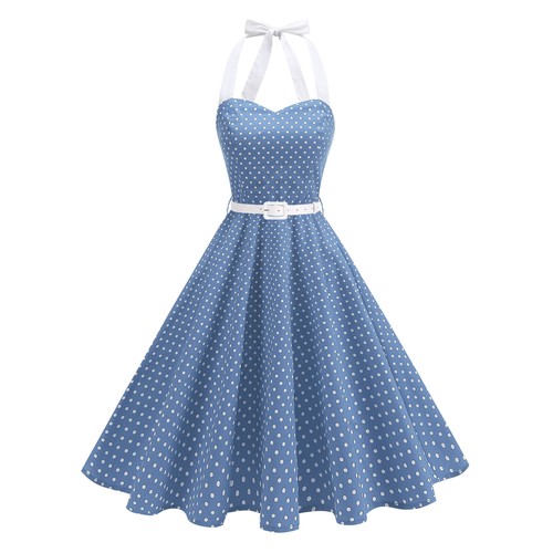 法式女神复古波点性感80年代派对表演写真度假挂脖显瘦大摆连衣裙 - 图1