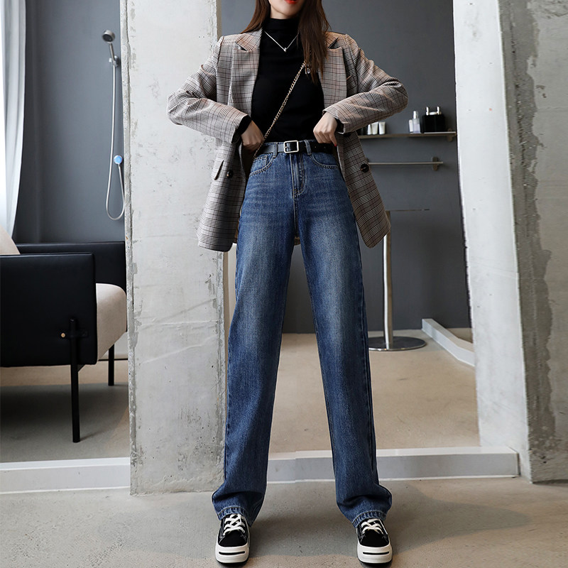 拖地新款秋季阔腿2020直筒显瘦裤子 音棉牛仔裤