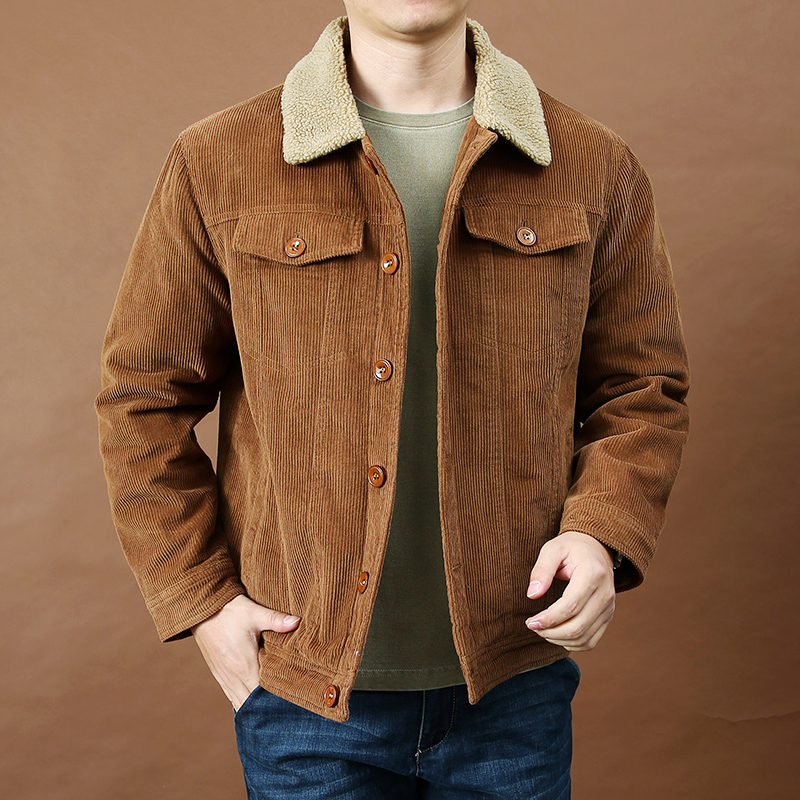 灯芯绒男士外套秋冬季新款加绒加厚翻领棉衣男装休闲上衣保暖夹克
