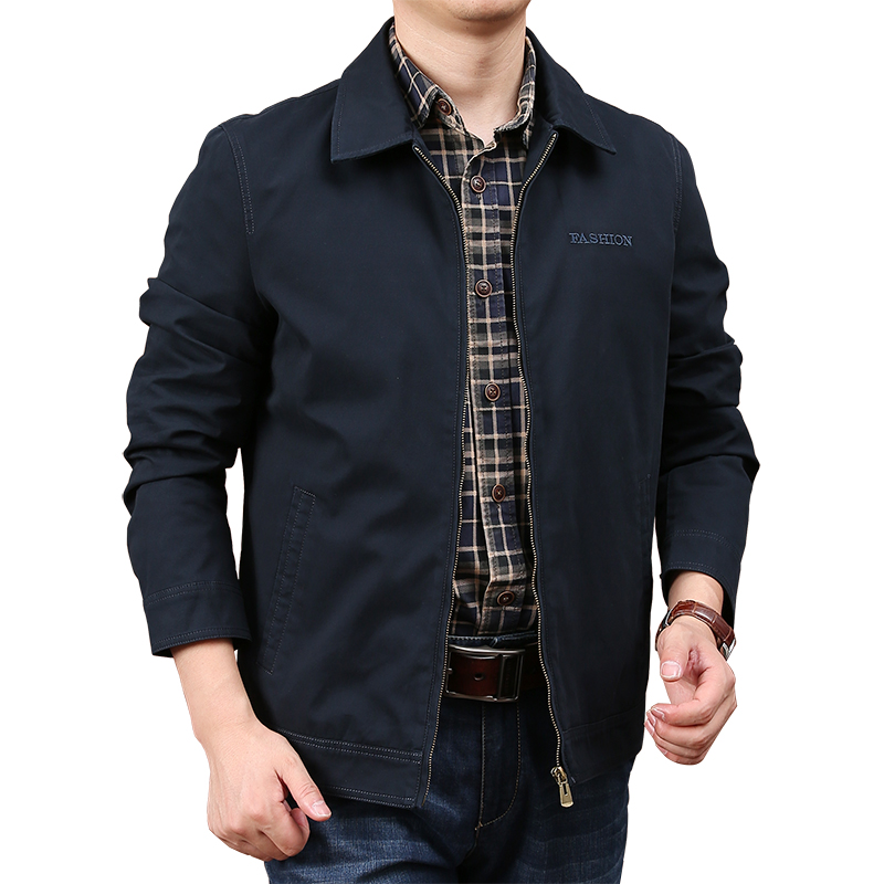 春季时尚舒适休闲纯棉外套男翻领夹克衫男胖子大码宽松上衣褂子潮