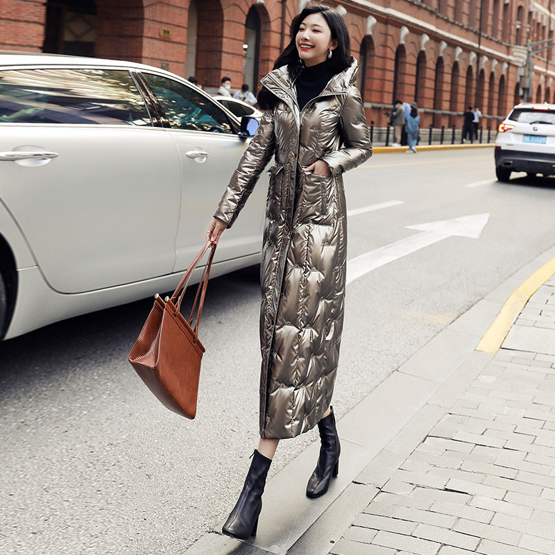 亮面免洗中长款羽绒服女高级感冬新款立领连帽过膝白鸭绒保暖6086 - 图2