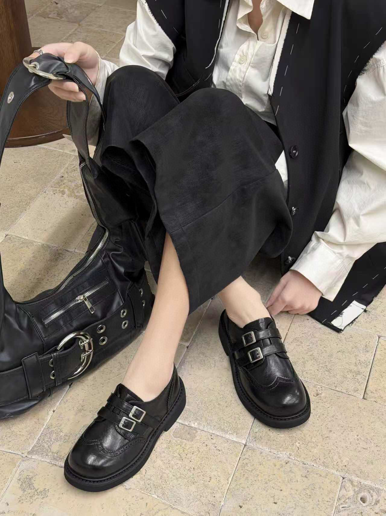 米新款2026春复古布洛克方头乐福鞋百搭黑色皮带扣小皮鞋豆豆鞋女,淘宝优惠券,粉丝福利购,淘宝优惠卷