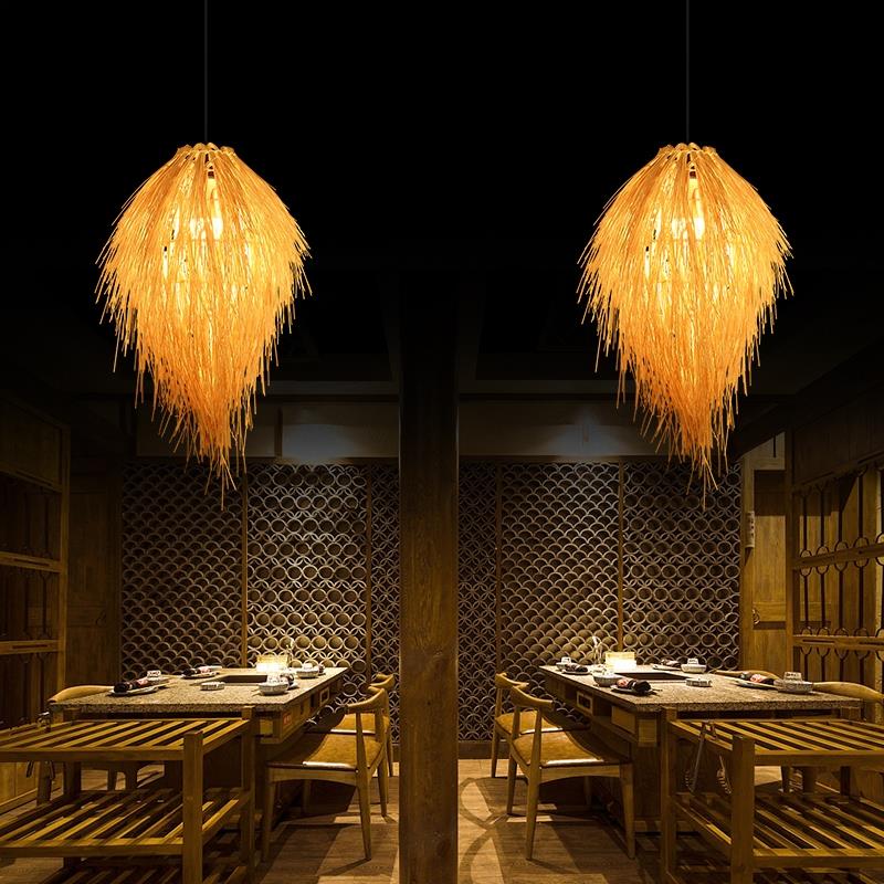 创意藤编吊灯手工编织圆形鸟巢草帽个性田园饭店餐厅农家乐竹编灯