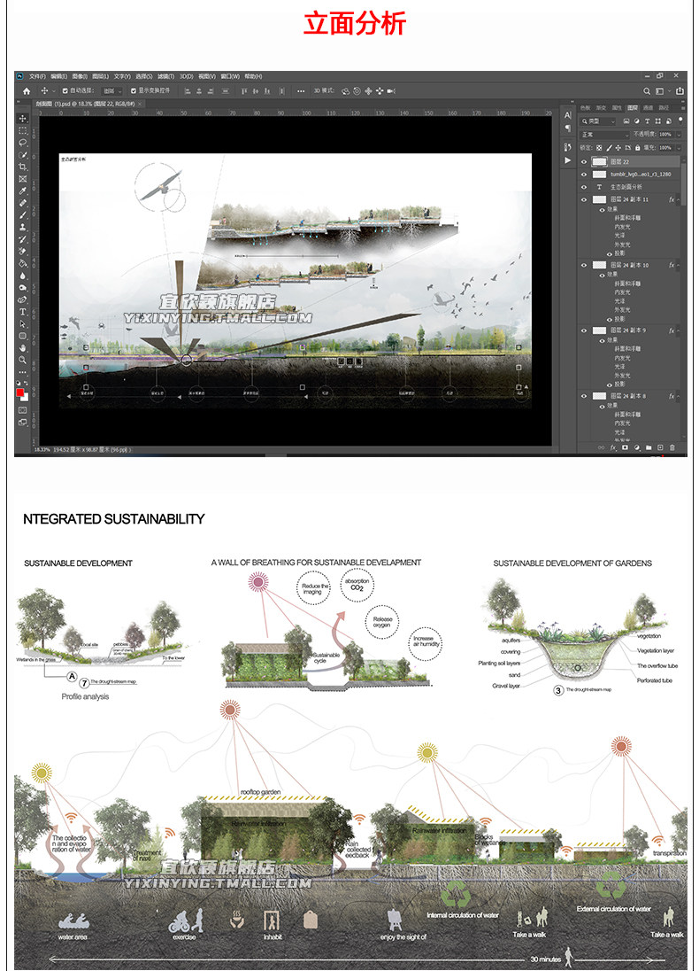 园林景观乡村生态湿地层建筑竞赛小清新剖立面分析图PSD素材_虎窝淘
