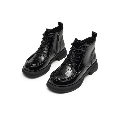 REDDRAGONFLY/红蜻蜓圆头增高女靴英伦风软厚底黑色短靴C3101201 - 图1