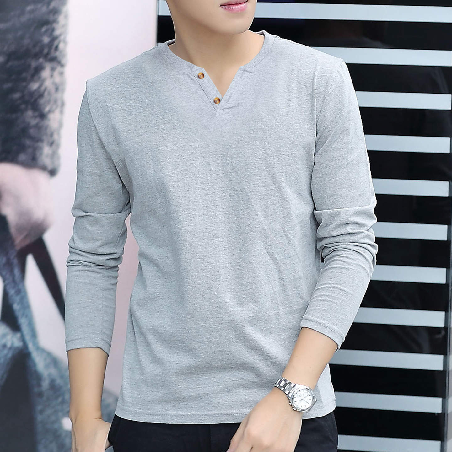 秋季纯棉长袖T恤男装韩版扣子款内搭V领宽松打底衫上衣服半恤潮流 - 图1