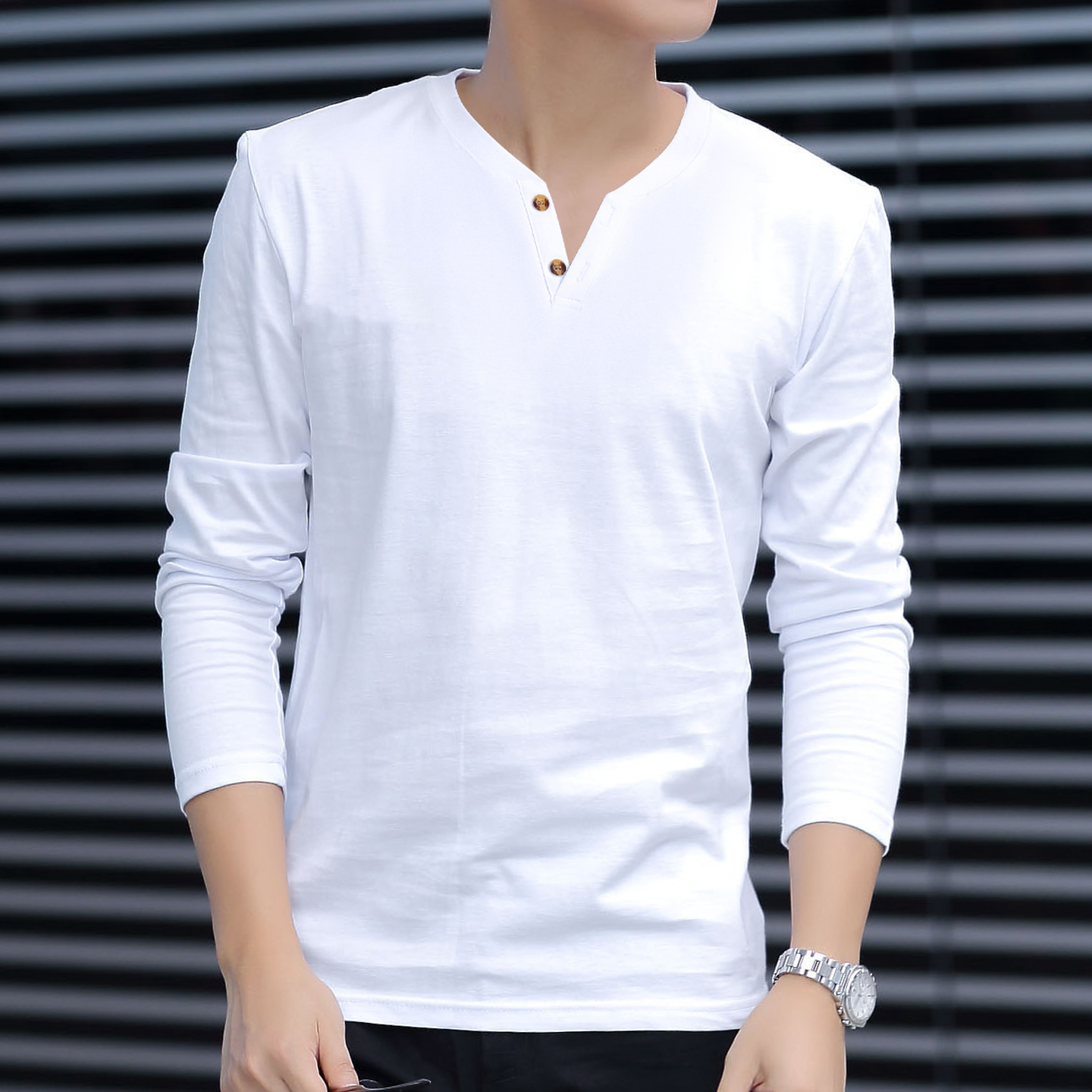 秋季纯棉长袖T恤男装韩版扣子款内搭V领宽松打底衫上衣服半恤潮流 - 图0
