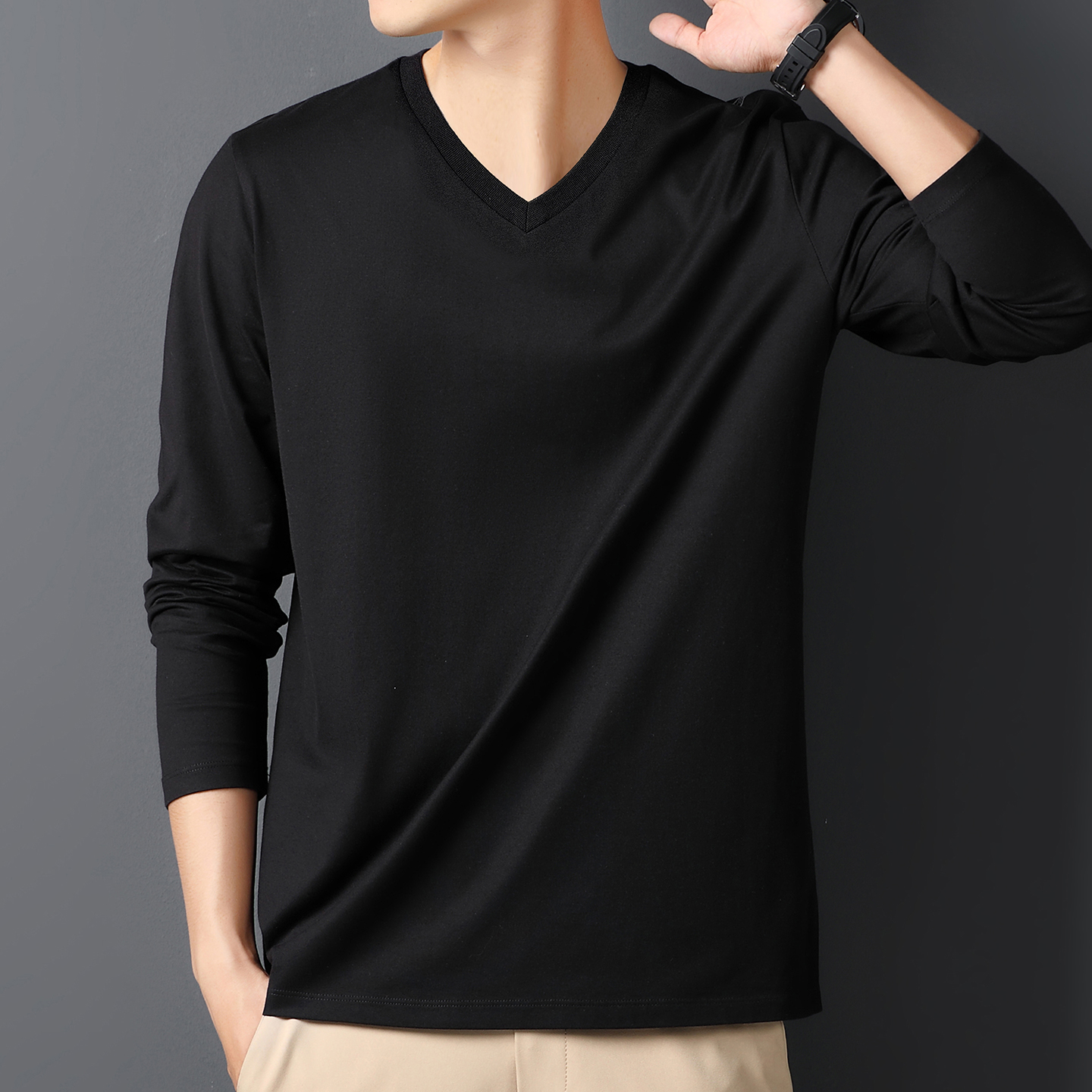 秋季纯棉长袖T恤鸡心领男装韩版V领宽松打底衫上衣服半袖体恤潮流 - 图2