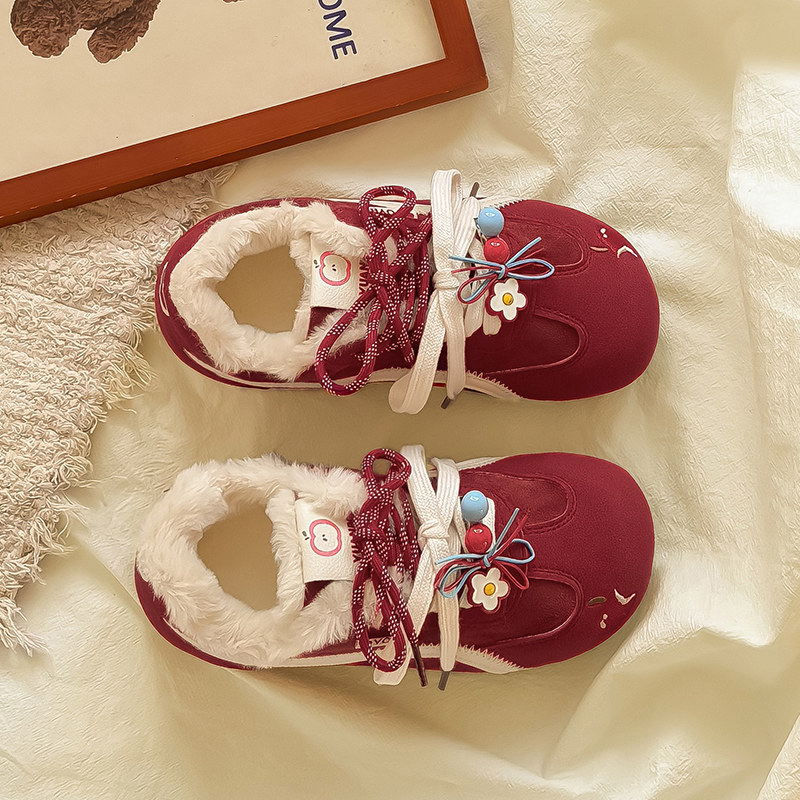 糖小糖红色加绒板鞋女款2025新款二棉鞋百搭chic厚底小白鞋面包鞋,淘宝优惠券,粉丝福利购,淘宝优惠卷