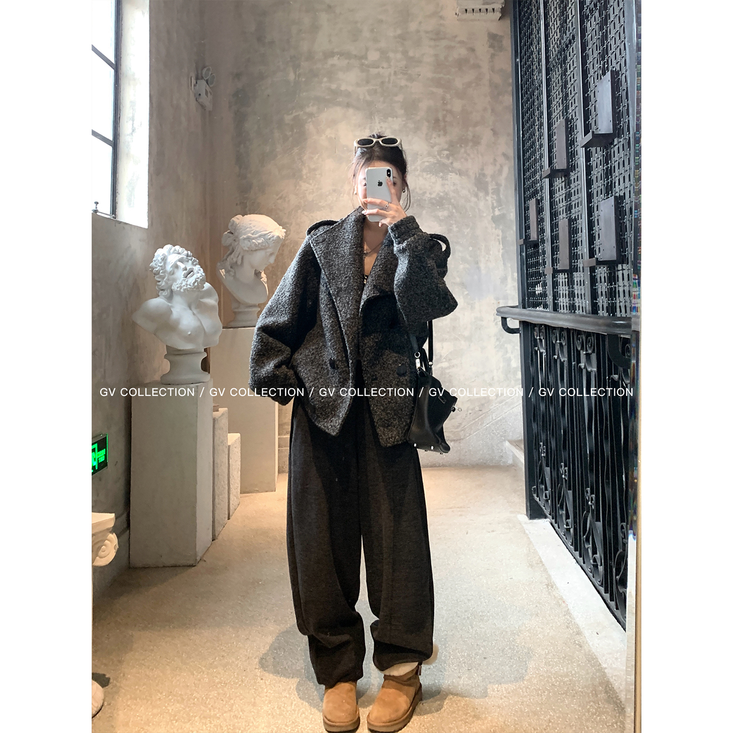 GV大白哥 经典叙事 直筒宽松镰刀松紧腰毛呢休闲裤冬季穿搭裤子女 - 图2