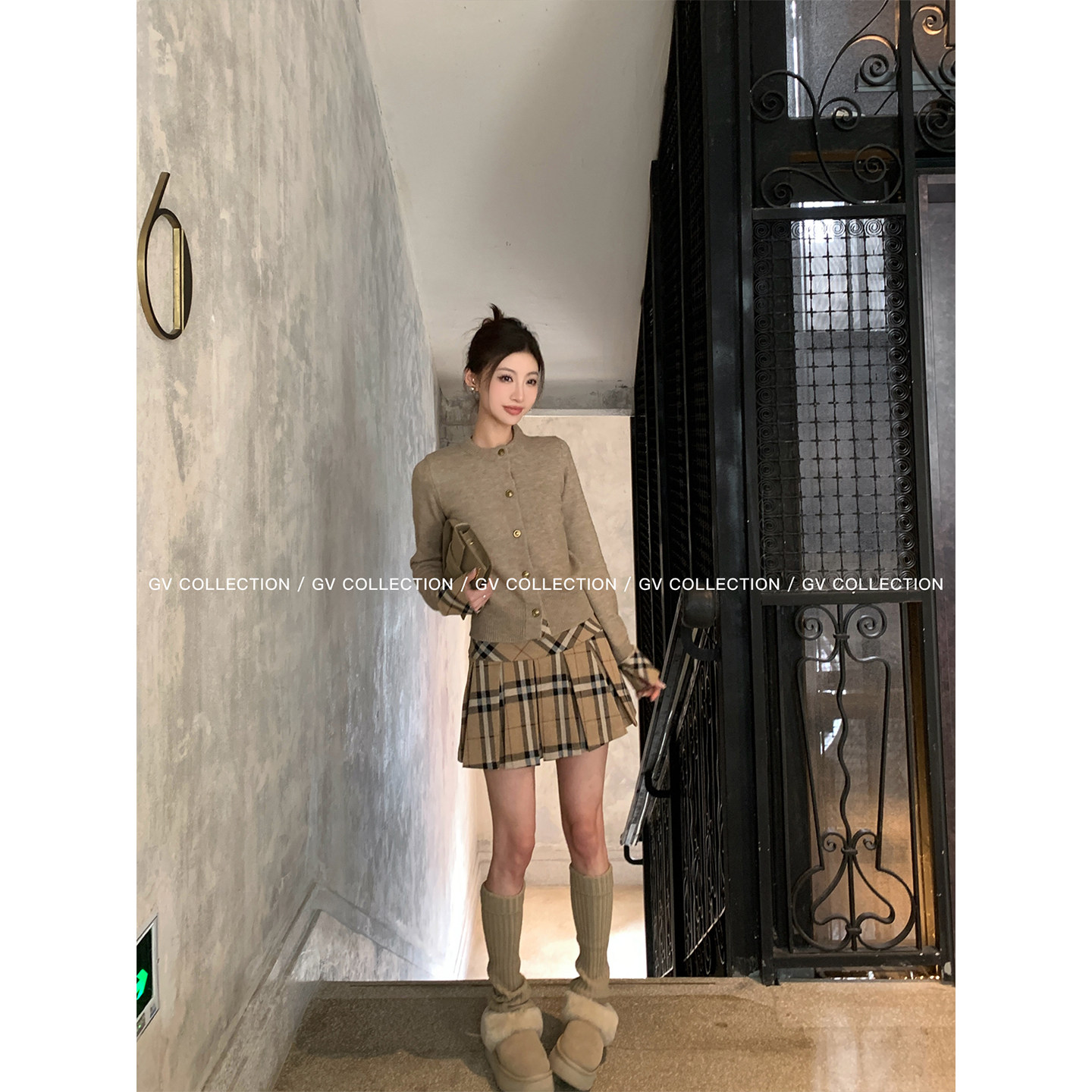 GV大白哥 英伦套系 圆领毛针织衫上衣格纹毛呢百褶半身裙套装秋冬,淘宝优惠券,粉丝福利购,淘宝优惠卷