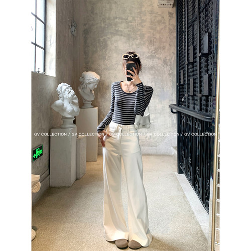 GV大白哥 万搭闭眼入 圆领条纹羊毛针织上衣秋季慵懒高级感穿搭 - 图3