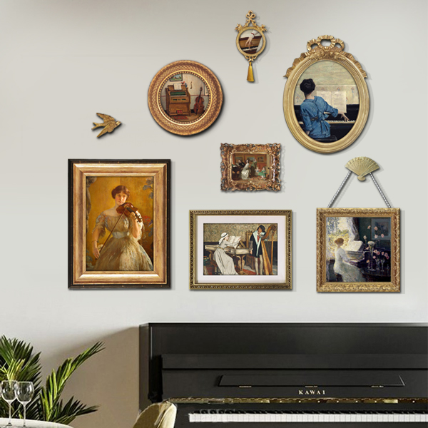 法式复古小众装饰画音乐书房椭圆框名画挂画钢琴演奏组合相框客厅