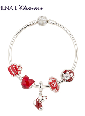 红色圣诞节925银手镯转运珠手链