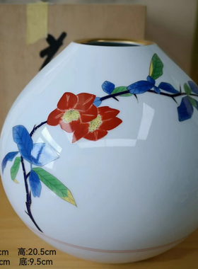 日本 皇室御用深川制香兰社描金彩绘霁蓝釉牡丹花瓶花器摆件