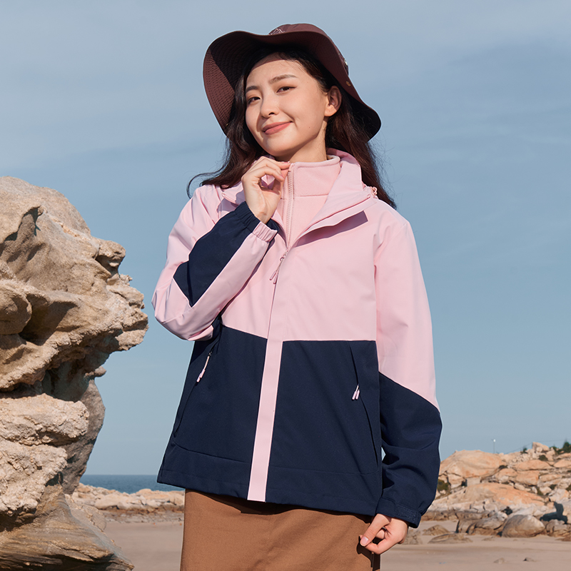 [川岩]杜戛地户外风衣女三合一防风防水拼色爬山外套加厚登山服