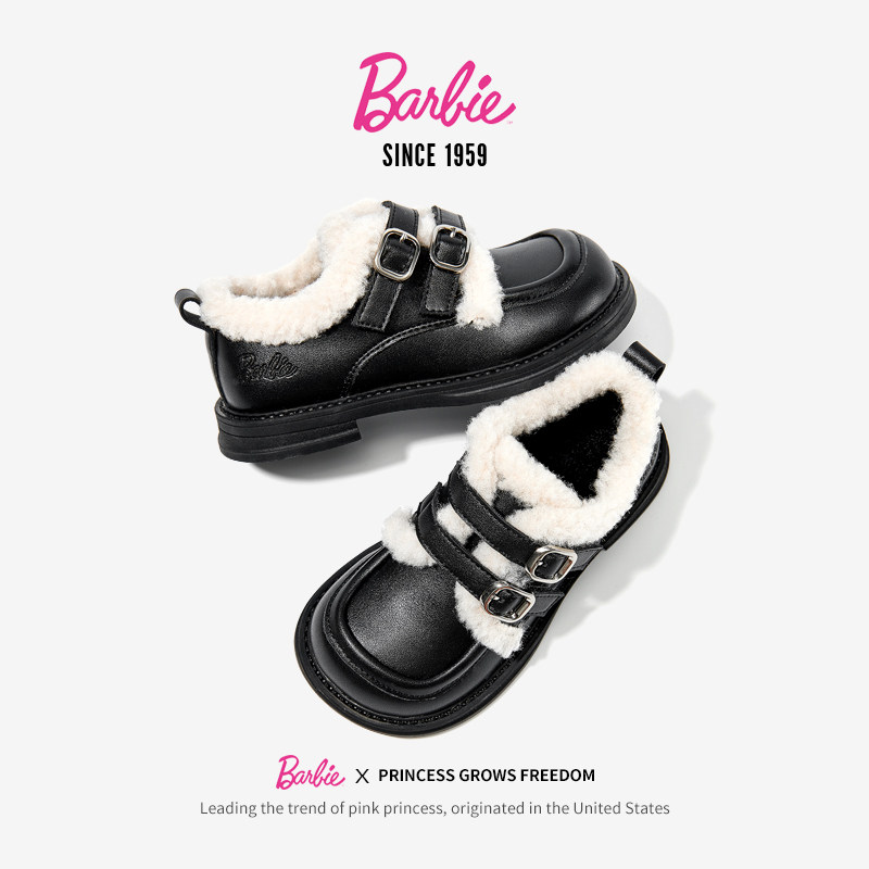 芭比童鞋女童二棉鞋2025新款冬季靴子加绒皮鞋儿童短靴毛毛豆豆鞋,淘宝优惠券,粉丝福利购,淘宝优惠卷