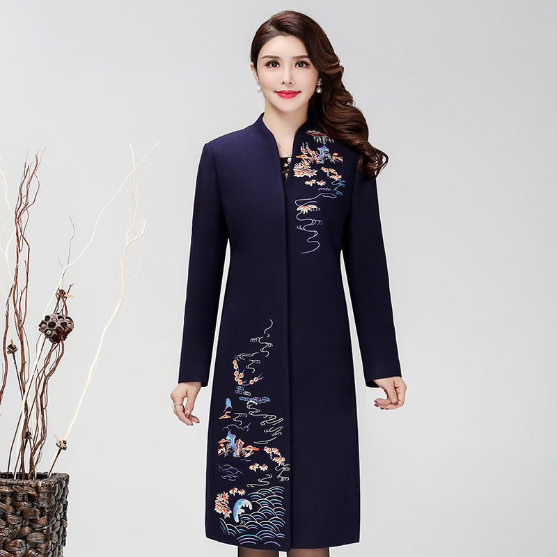 中年婚礼妈妈装秋冬中长款毛呢大衣 妮妃尚美中老年女装