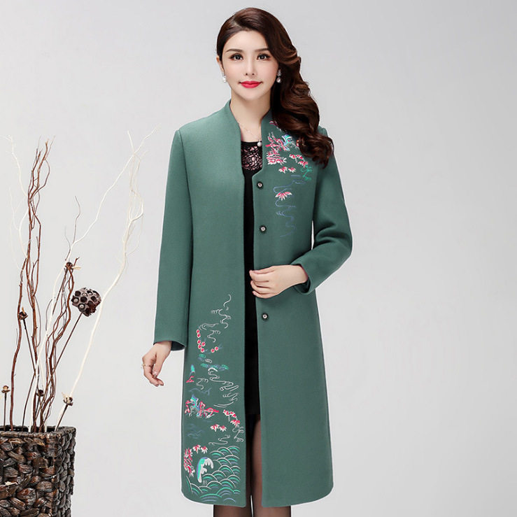 中年婚礼妈妈装秋冬中长款毛呢大衣 妮妃尚美中老年女装