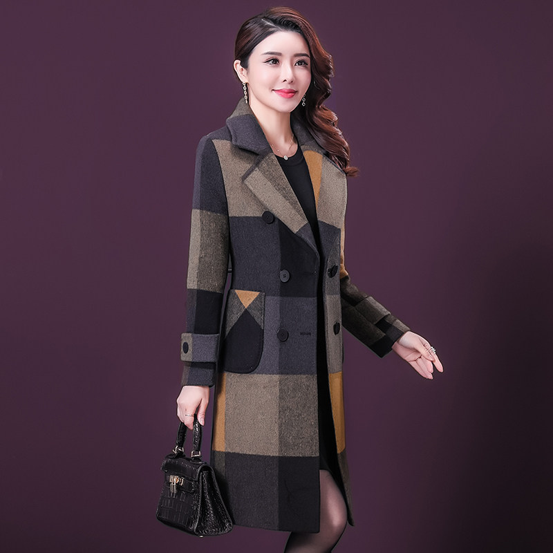 2020新款妈妈冬装秋冬格子羊绒大衣 妮妃尚美中老年女装