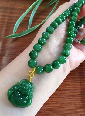 和田色碧绿色玉佛吊坠帝王绿菠菜绿圆珠男女项链一套毛衣链新款