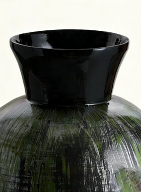 越南摆件 黑绿竖刷纹理广口陶瓷花瓶酒店会所民宿禅意公区摆放