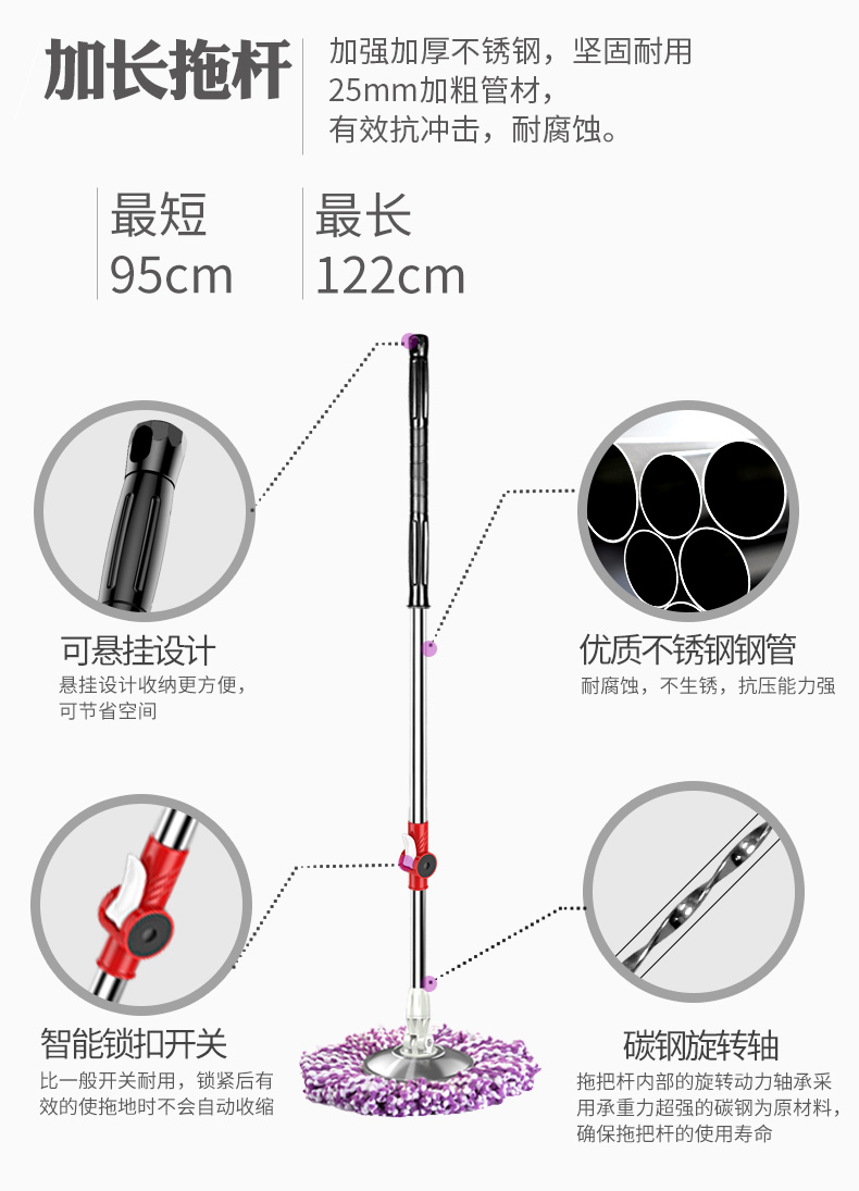 拖把杆旋转通用手压自动甩干拖布杆单杆替换配件拖把头替换头墩布 - 图1