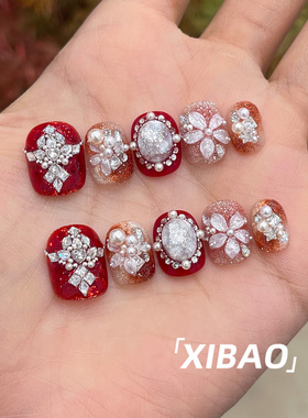 红色穿戴甲轻奢高级感重工显白穿戴美甲2026新款秋冬手工指甲贴片