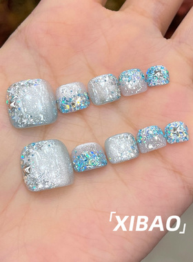 蓝色脚穿戴甲2026超火手工猫眼穿戴美甲新款高级感夏日脚趾甲贴片