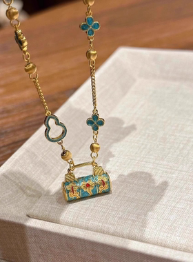 新中式珐琅烧蓝平安锁吊坠项链女款轻奢小众高级感葫芦花朵锁骨链