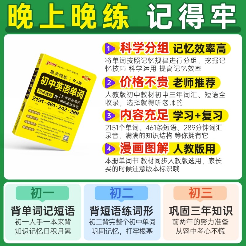 2024版PASS绿卡通用晨读晚练中考古诗文61篇含中考真题模拟训练初一初二初三同步语文古诗文专项初中英语单词词汇人教版总复习 - 图2