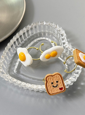 搞怪创意卡通童趣可爱仿真荷包蛋吐司开口金色可调节戒指闺蜜礼物