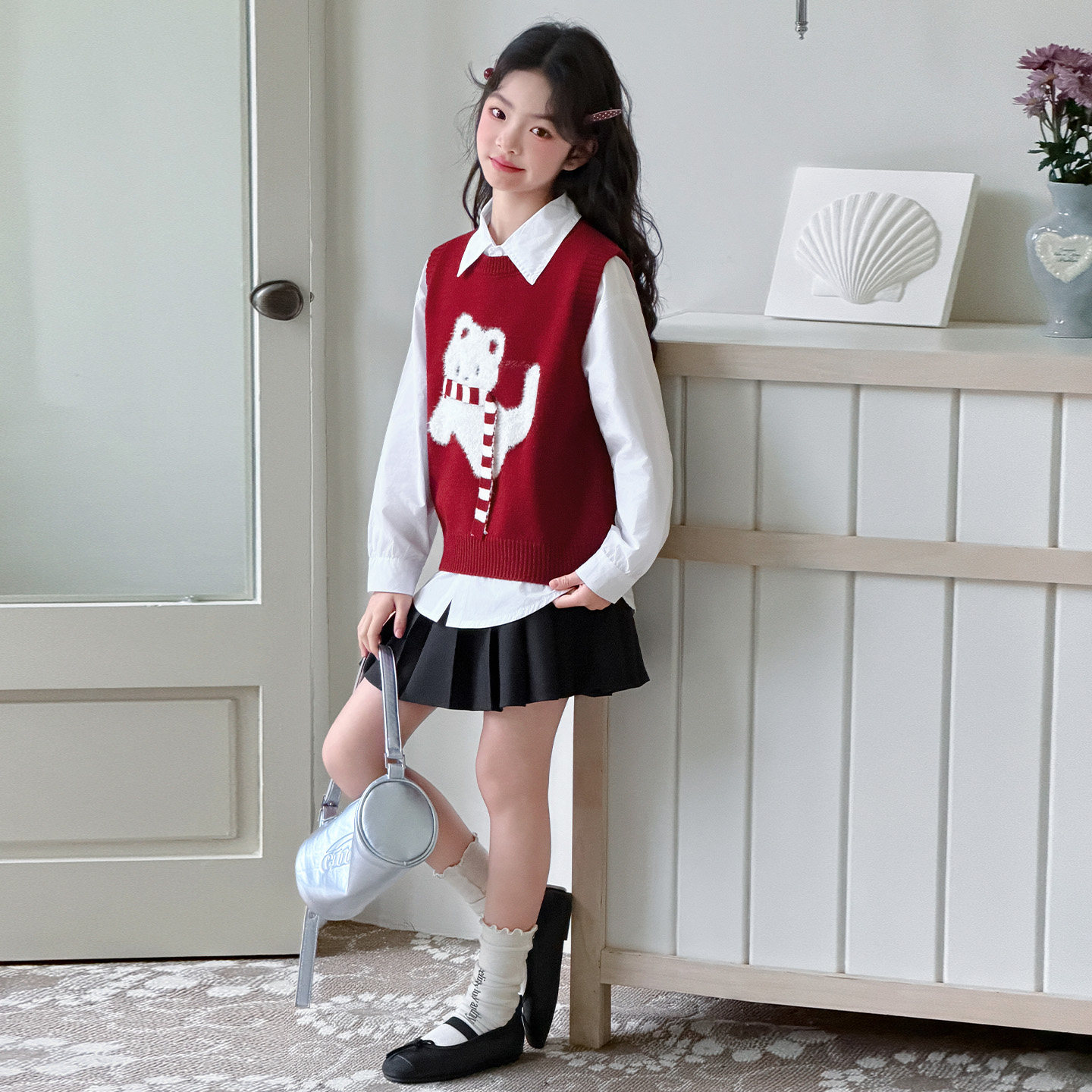 女童春秋连衣裙2026新款儿童学院风针织马甲白色衬衫JK制服百褶裙,淘宝优惠券,粉丝福利购,淘宝优惠卷