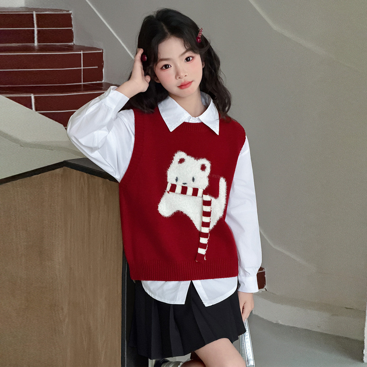 女童春秋连衣裙2026新款儿童学院风针织马甲白色衬衫JK制服百褶裙,淘宝优惠券,粉丝福利购,淘宝优惠卷