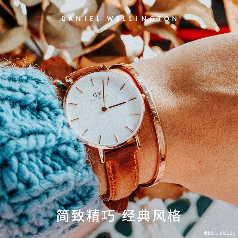 DW手表女款 PETITE系列优雅皮质玫瑰金色石英表小众轻奢手表28MM-图2