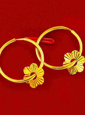 沙金耳圈不掉色女款气质优雅送生日礼物时尚百搭古法沙金耳环