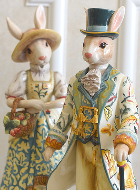 美国ff品牌田园乡村陶瓷兔子摆件