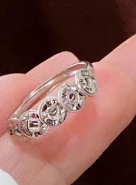 碎冰冰五帝钱招财戒指女新款小众高级感转运设计开口可调节食指