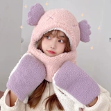 Шапка, шарф, демисезонные перчатки, зимний милый бархатный комплект с капюшоном, с медвежатами, 3 предмета, плюшевая