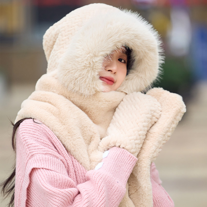 可爱小熊帽子秋冬季女加厚保暖围巾一体连帽围脖手套三件套针织帽