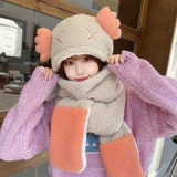 Шапка, шарф, демисезонные перчатки, зимний милый бархатный комплект с капюшоном, с медвежатами, 3 предмета, плюшевая