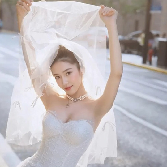 白色头纱头饰领证求婚拍照道具新娘结婚订婚登记主婚纱女蓬蓬小短