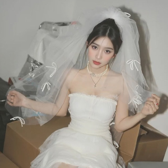 白色头纱头饰领证求婚拍照道具新娘结婚订婚登记主婚纱女蓬蓬小短