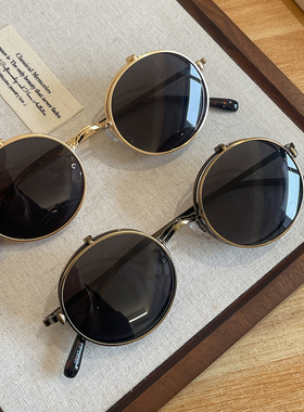 偏光翻盖墨镜双层复古圆形痞帅
