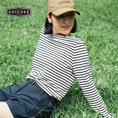 UNICARE条纹长袖T恤女2026户外运动舒适休闲针织外套百搭圆领上衣 - 图2