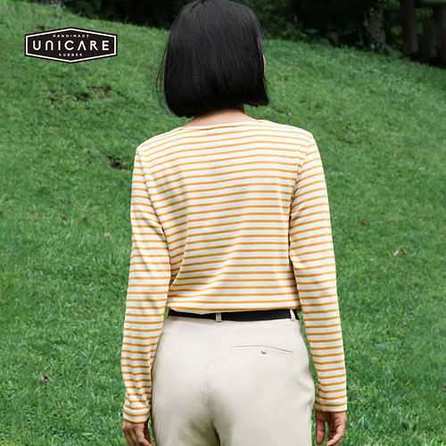 UNICARE条纹长袖T恤女2026户外运动舒适休闲针织外套百搭圆领上衣 - 图0