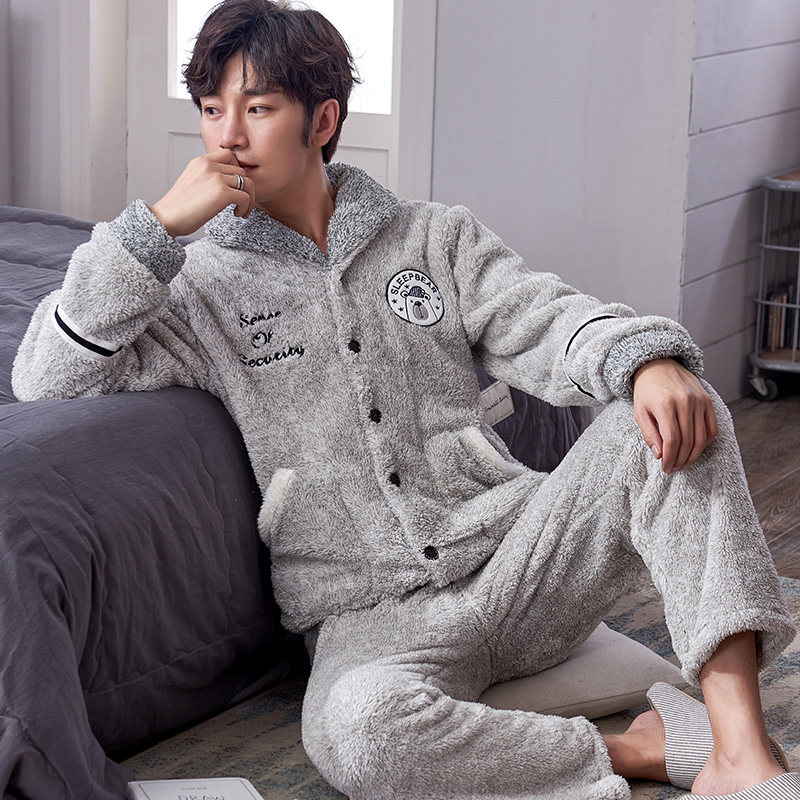 男士冬季珊瑚绒加绒青少年款天睡衣 国货服饰睡衣/家居服套装