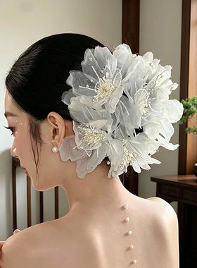 超仙白色花朵新娘头饰绢花发饰气质优雅影楼拍照道具高级