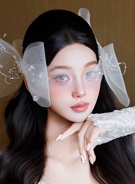 赵露思同款白色水钻发夹网纱遮眼面纱女高级感新娘结婚纱演出配饰